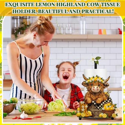 Lemon Highland Cow Paper Towel Holder Lemon Cattle Kitchen Bathroom Decor Farmhouse Large Metal Highland Cow Yellow Towel Holder Stand with Round Base for Home Countertop Accessories Gifts - style: Lemon