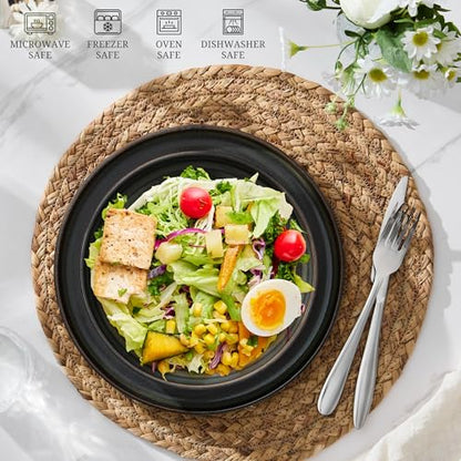 E-far Pasta Bowls Set of 4, 35oz Large Salad Bowl Plate for Dinner Serving, Wide & Shallow Ceramic Stoneware Pasta Plates, Microwave & Dishwasher Safe, Reactive Glaze Textured Stripes, Blackish Green - color: Blackish Green