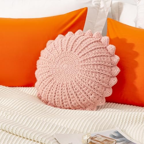 Knitted Throw Pillow Round Couch Pillow (Pink, 18inch) | Incloude insert Handmade Decorative Plush Pillow Cute Cushion - color: Pink