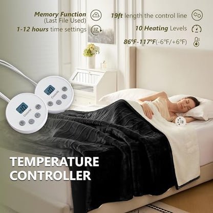 Heat Blanket 84”x90” Queen Size-Dual Control,Soft Flannel & Sherpa Reversible Electric Blanket with 10 Heat Settings,12 Timer Setting and 8 Hours Auto-Off,ETL Certified Machine Washable,Black - color: Black, size: 84*90in