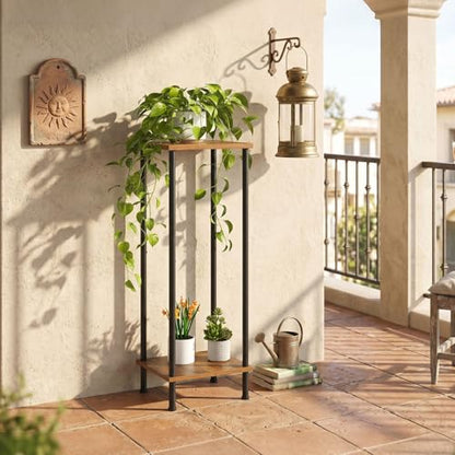 HOOBRO Plant Stand Indoor, 2 Tier 32.8" Tall Small Plant Shelf for Small Space, Square Potted Holder Rack, Modern Flower Stand for Living Room Balcony Garden, Rustic Brown and Black BF14HJ01