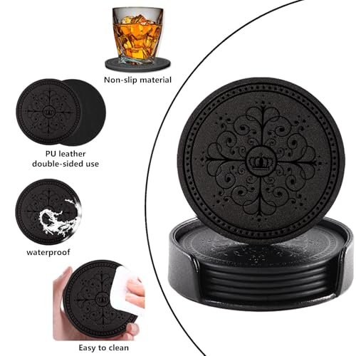 Coasters Set of 6 - PU Leather Coasters for Drinks with Holder - Black - color: Black