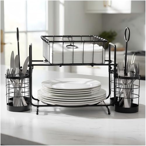 Metal Buffet Caddy Tabletop Organizer, Flatware Napkin and Plate Picnic Caddy Stackable Serving Set for Kitchen, Picnic, Camping, Party,Dining, Entertaining, Parties,Thanksgiving
