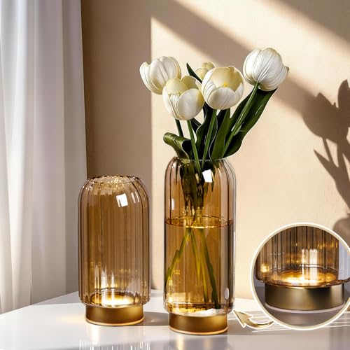 MJ PREMIER Set of 2 Hand Blown Striped Glass LED Light Up Vases with Timer, Amber Vase Battery Operated Decor Flower Vase for Wedding Centerpiece Housewarming Gift - color: Amber