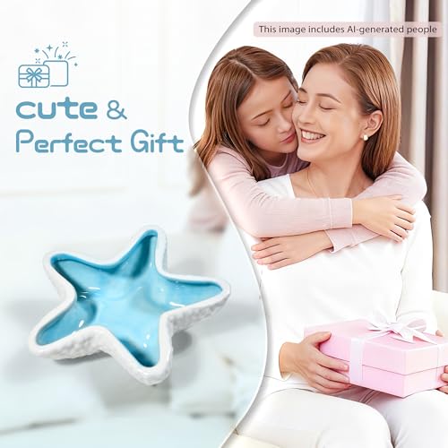 Starfish Ceramic Jewelry Trinket Tray, Blue White Decorative Ring Holder Dish for Rings, Earrings, Necklaces, Bracelets, Watches, Keys - style: Starfish
