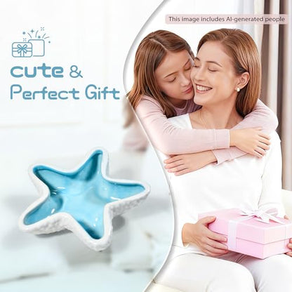 Starfish Ceramic Jewelry Trinket Tray, Blue White Decorative Ring Holder Dish for Rings, Earrings, Necklaces, Bracelets, Watches, Keys - style: Starfish