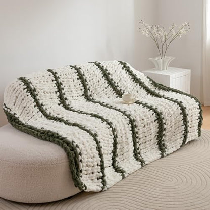 Chunky Knit Blanket Throw for Couch 50"×60" Olive Green and White | 100% Handmade Knitted Throw Blanket Fluffy Soft Blanket with Jumbo Chenille Yarn Thick - color: Olive Green and White, size: 50"*60"