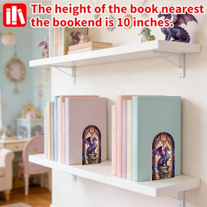 Dragon and Castle Wooden Bookends, Book Ends for Shelves | 1 Pair 5"x3.15" Decorative Wood Book Supports, Cute Shelf Stoppers for Heavy Books, Office Desk, Study Room & Home Decor - style: Dragon and Castle