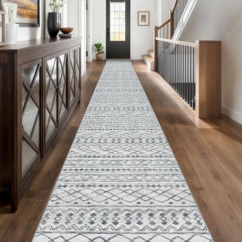 KUTA Extra Long Runners for Hallways 2.6x20ft Washable Grey Boho Runners | Non-Slip, Non-Shedding, Low Pile, Ultra Soft Geometric Floor Carpet Rugs for Hallway Kitchen Entryway Stair Laundry Foyer - color: Grey, size: 2'7" x 20' (Runner)