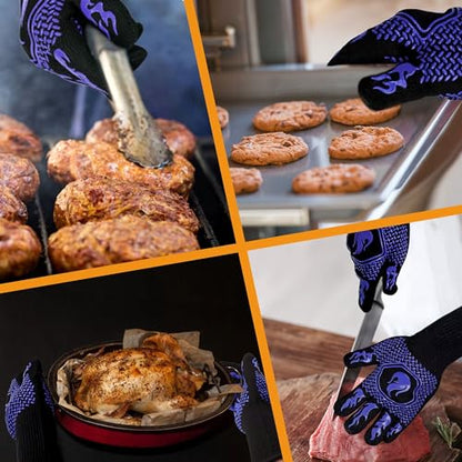 BBQ Gloves 1472F Heat Resistant Non-Slip Silicone 13.5in (Blue) | Grill Cut-Resistant, Oven Kitchen Safe for Barbecue, Cooking, Frying - color: Blue