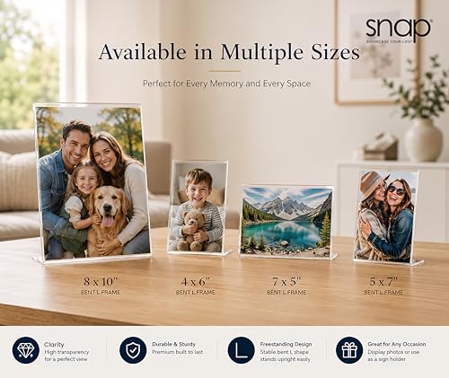 Snap 7x5 Clear Picture Frame 12 Pack: Frameless L-Shape Desktop Stand, Photo Frame and Sign Holder, Clear Acrylic Style Tabletop Display, 7 x 5 - size: 7" x 5"