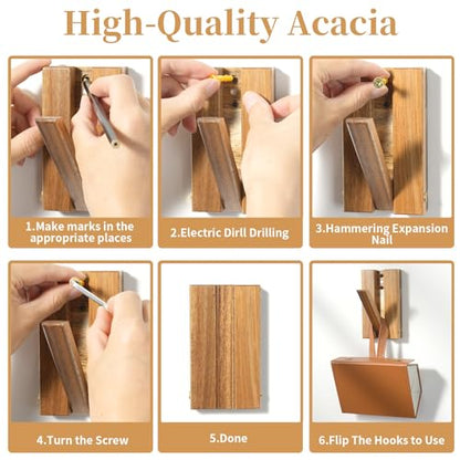 2 Pcs Folding Wall Hooks, Vintage Wooden Wall Hooks Heavy Duty for Hanging Hats, Towels & Bags – Space-Saving Sleek Design, Blending Modern & Rustic Styles