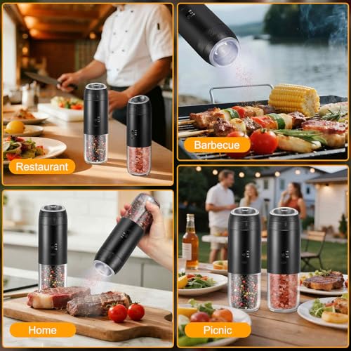 Gravity Electric Salt Grinder Set w/Variable Speed,Black 2 Pack | with Variable Grinding Speed, External Adjustable Coarseness, One Hand Operation, Upgraded Larger Capacity,White LED Light - color: Black
