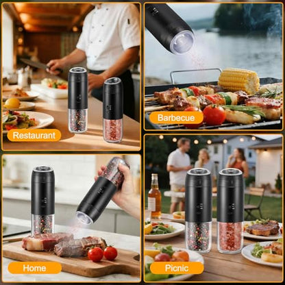 Gravity Electric Salt Grinder Set w/Variable Speed,Black 2 Pack | with Variable Grinding Speed, External Adjustable Coarseness, One Hand Operation, Upgraded Larger Capacity,White LED Light - color: Black