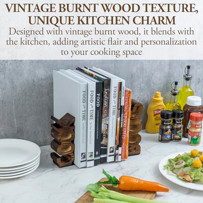 MyGift Rustic Burnt Wood Cook and Books Decorative Bookends, 2 Piece Set | Recipe Display, Freestanding Support, Kitchen Accent, Farmhouse Style, Keeps Books Upright, Decorative Countertop Feature