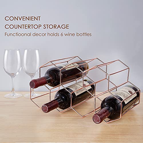 FOMANSH Countertop Wine Rack - 7 Bottle Holder for Storage, Freestanding Metal Tabletop Stand With Modern Design for Kitchen, Cellar, Bar Cabinet - color: Rose Gold