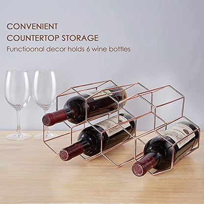 FOMANSH Countertop Wine Rack - 7 Bottle Holder for Storage, Freestanding Metal Tabletop Stand With Modern Design for Kitchen, Cellar, Bar Cabinet - color: Rose Gold