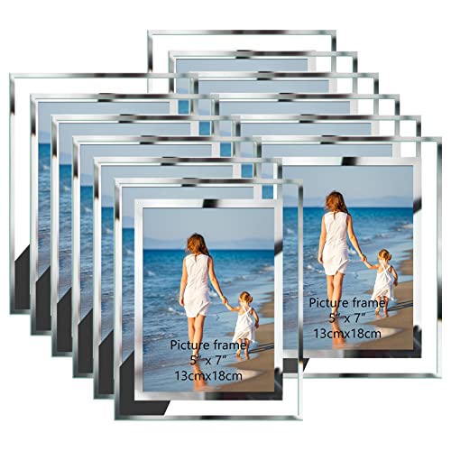 Hoikwo Bulk 5x7 Picture Frames, 12 Packs Silver Photo Frames 5 by 7, Glass Wedding Frames 5x7, Clear Mirror Wedding Photo Frames, Only for Tabletop Display Vertically or Horizontally - size: 5x7-12 Frames