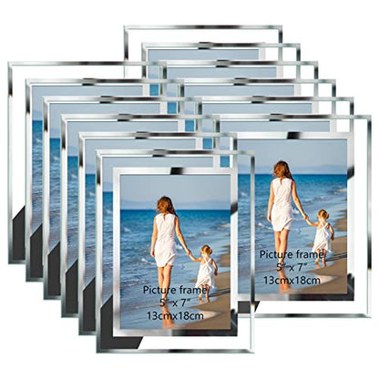 Hoikwo Bulk 5x7 Picture Frames, 12 Packs Silver Photo Frames 5 by 7, Glass Wedding Frames 5x7, Clear Mirror Wedding Photo Frames, Only for Tabletop Display Vertically or Horizontally - size: 5x7-12 Frames