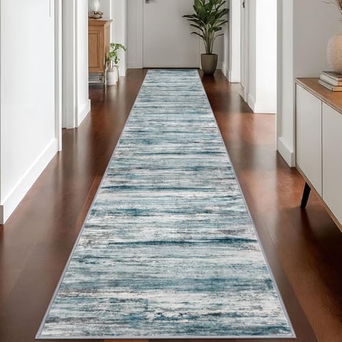 KOZYFLY Modern Abstract Hallway Runner Rug, 2.6x16 Washable Rug Runner Non-Slip Soft Striped Kitchen Runner Rugs, Print Blue Carpet Runner for Stair Entryway Bathroom Laundry Room Foyer - color: Blue, size: 2'8" x 16' (Runner)