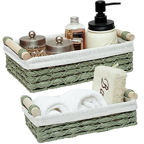Storage Basket Wicker Baskets for Organizing with Handle Decorative Storage Bins for Countertop Toilet Paper Storage Basket for Toilet Tank Top Small Baskets Set (Set of 2,Green) | Toilet Paper Storage Basket for Bathroom Bedroom Home Farmhouse Decor,Set
