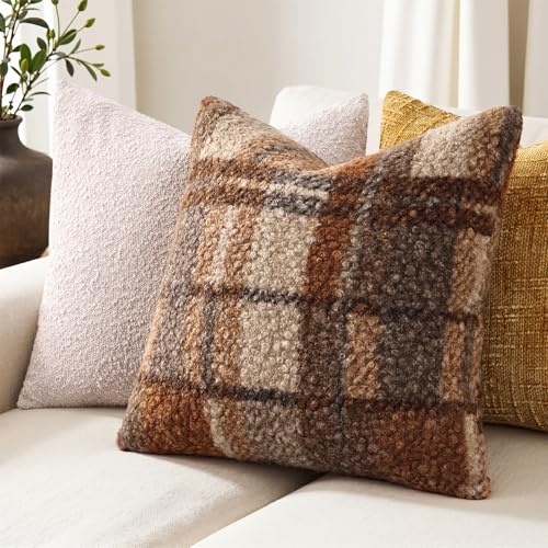 decorUhome Chenille Soft Throw Pillow Covers 20X20 Set of 2, Forest Green,Boucle Plaid Check Faux Fur Throw Pillow Covers 20x20 Inch Set of 2, Autumnal