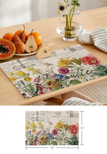 Table Runner and Placemats Set of 4 Flower Floral Decorative Dining Table Runner with Matching Placemats Retro Postmark Table Decor for Kitchen Dining Room and Everyday Use 13x70in - size: 13"x70"+4pcs