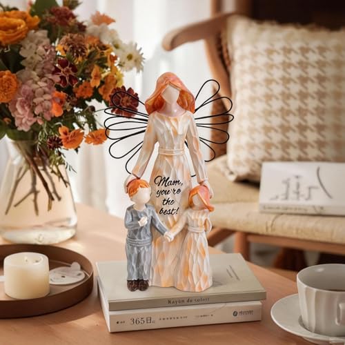 Mother and Child Figurines Gift, Wing Mum and Kids Statue,Hand-Painted Resin Mom and 2 Kids Figurines, Mother Daughter Son Sculpted Gifts for Mother’s Day, Anniversary, Birthday, Christmas - color: Mother's Winged Love