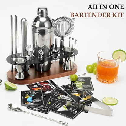 23-Piece Cocktail Shaker Set with Stand, 304 SS, Bartender Kit Gift | Complete Home Bar Set: Leak-proof Shaker, Jigger, Muddler, 18/8 Steel, Gift for beginners, cocktail lovers & house parties - color: brown-y