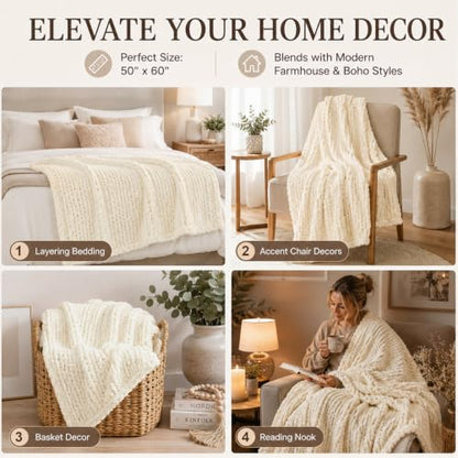 Luxury Chunky Knit Throw Blanket, Boho Chenille Cable Knit Blankets 50x60 | Upgraded no-shedding yarn, Super dense woven craftsmanship ensures durable cozy warmth for sofa, without pilling or fading.