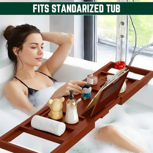 Bamboo Bathtub Caddy Tray Expandable & Foldable Bath Shelfwith Book, Tablet & Wine Holder Adjustable Wooden Bath Tray for Relaxing Spa atHome – Fits Most Tub Sizes. - color: Wood Brown