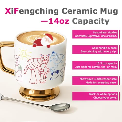 Christmas Mugs Whimsical Animal Ceramic fun Coffee Mug – 14oz Childlike Hand-Drawn Cat, Dog & Bear Design – Cute gothic Coffee Cup Gift for Women, Girls, Kids (white) - color: White