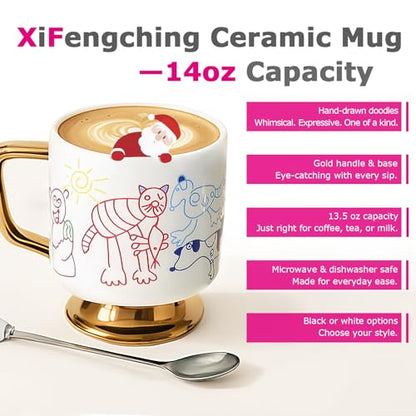 Christmas Mugs Whimsical Animal Ceramic fun Coffee Mug – 14oz Childlike Hand-Drawn Cat, Dog & Bear Design – Cute gothic Coffee Cup Gift for Women, Girls, Kids (white) - color: White