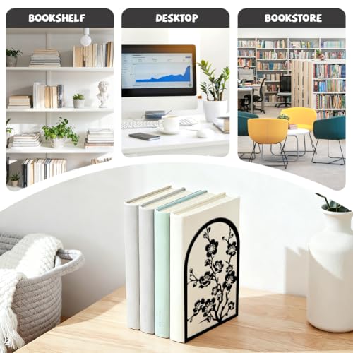 5.3"x4.3"x7.9" Metal Bookends, Heavy Duty Book Ends for Shelves | Plum Blossom Branches Theme Cast Iron Book Supports, 1 Pair Decor Stoppers for Desk, Library, Office & Home Shelves - style: Plum Blossom Branches