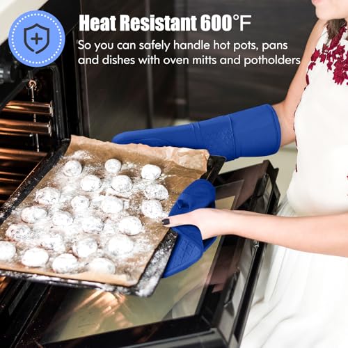 Oven Mitt and Pot Holders Sets, Quilted Cotton Terry Cloth,Non-Slip Pot Holder, Silicone Oven Mitt Heat Resistant, Oven Mittens 7.3"x14.2", Hot Pad 7"x10" & Dish Cloths 13"x25" - color: Royal Blue
