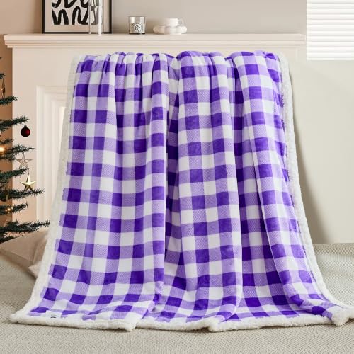 BEAUTEX Christmas Sherpa Fleece Throw Blanket Soft Warm Buffalo Plaid | Plush Blanket & Throw, Winter Cozy Fuzzy for Couch, Sofa, Bed (Purple, 50" x 60") - color: Purple, size: Throw-50"x60"