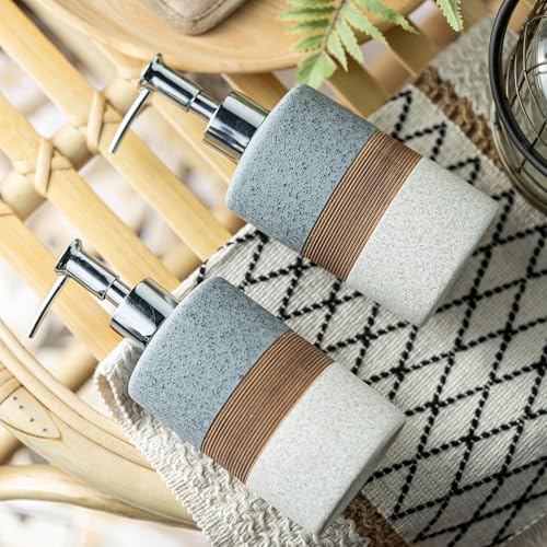 Ceramic Soap Dispenser Set of 2, Hand and Dish Soap Dispenser Set | Shower Shampoo Soap Dispenser for Bathroom, Kitchen | Stainless Steel Pump, Silicone Funnel and Diatomaceous Tray, 12 oz Gray - color: Gray and White, size: 2xSoap Dispenser Set with Tray