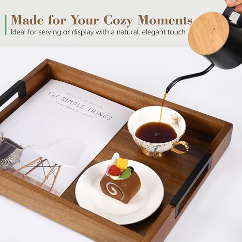 Large Ottoman Tray for Living Room and Coffee Table, Decorative Acacia Wood Serving Tray with Metal Handles for Breakfast in Bed, Dinner Food Kitchen TV (Natural, 20" x 14" x 2") - size: 20" x 14" x 2"