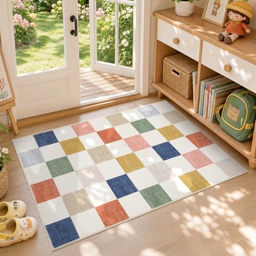 GarveeHome Checkered Colorful 2x3 Washable Kids Rug Low-Pile Small Door Mat | Rainbow Area Rug for Entryway Hallway Kitchen Bathroom Stain Resistant Low-Pile Non-Slip Soft Rugs TPE Backing - color: Colorful, size: 2' x 3' (Rectangular)