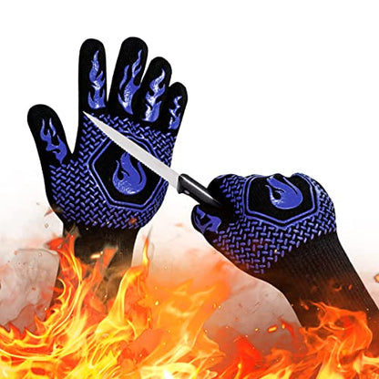 BBQ Gloves 1472F Heat Resistant Non-Slip Silicone 13.5in (Blue) | Grill Cut-Resistant, Oven Kitchen Safe for Barbecue, Cooking, Frying - color: Blue