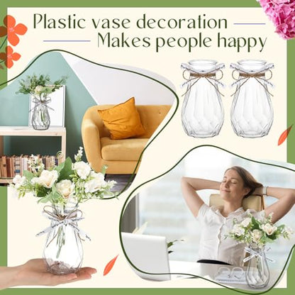 Set of 12 Pcs Small Plastic Bud Vases in Bulk with Gift Wrapping Ribbon, Vases for Flower, Wedding Centerpieces for Home Decor, Living Room, Office Decoration, Housewarming Party Gift (Clear)