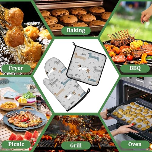 Cute Dachshund Dog Oven Mitts and Pot Holders Sets 4 Pcs Silicone Funny Kitchen Gloves Heat Resistant Potholders for Baking Grilling BBQ - color: Dachshund Dog