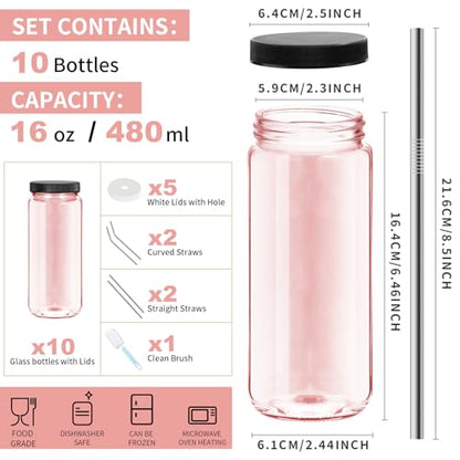 Ruckae Pink 16oz 10 Pack Juice Bottles, Glass Bottles Juicing with Lids, Smoothie Cup Lids and Straws, Water Bottle Mason Jar Drinking Glasses for Juicing, Smoothies, Kombucha - color: Pink, size: 16oz-10pack
