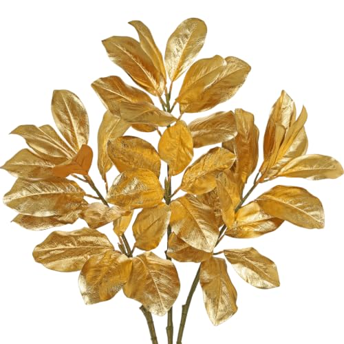 Briful 3Pack Gold Magnolia Leaf Stems 31.4in Tall Artificial Branches | Metallic Gold Magnolia Floral Picks with Bendable Branches for Vases Arrangement Table Centerpieces Holiday Decor - color: Metallic Gold