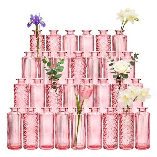 Glass Bud Vases 30 Pack, Small Pink Flower Vases for Centerpieces in Bulk | Mini Vintage Vases for Wedding, Party, Home or Table Decorations - color: Pink