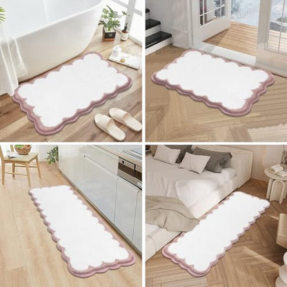 Pauwer Bathroom Rug Sets 3 Piece, Scalloped Bath Rugs, White and Dusty Pink | Non Slip Washable Bath Mat With U-Shaped Toilet Rug, Extra Absorbent Quick Dry, For Floor Sink - color: White and Dusty Pink
