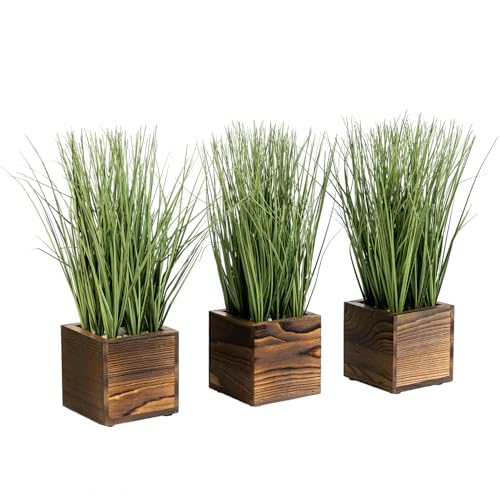 MyGift Artificial Green Grass Plants Trio in Rustic Burnt Solid Wood Planter Boxes, Faux Greenery in Decorative 4 Inch Square Wooden Containers, Set of 3 - color: Burnt Wood