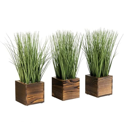 MyGift Artificial Green Grass Plants Trio in Rustic Burnt Solid Wood Planter Boxes, Faux Greenery in Decorative 4 Inch Square Wooden Containers, Set of 3 - color: Burnt Wood