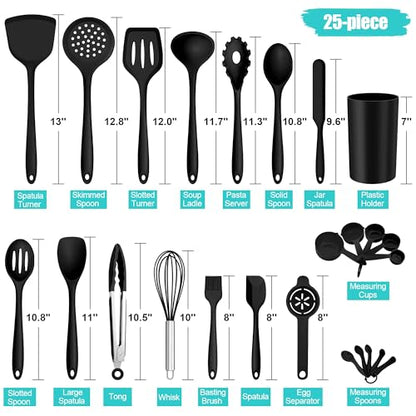 E-far Silicone Cooking Utensils Set, 25 Piece Kitchen Utensils with Holder, Non Toxic Kitchen Tools Spatula, Turner, Spoon, Ladle for Nonstick Cookware, Heat Resistant & Dishwasher Safe - Black - color: Black