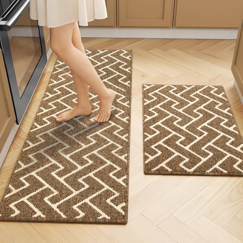 hicorfe Kitchen Runner Rug,Set of 2 Non Slip Kitchen Mats for Floor,Comfort Washabe Kitchen Rugs Carpet for Hallways Entryway Laundry Room(20"x32"+20"x48",Dark Brown) - color: Dark Brown, size: 20"x32"+20"x48"